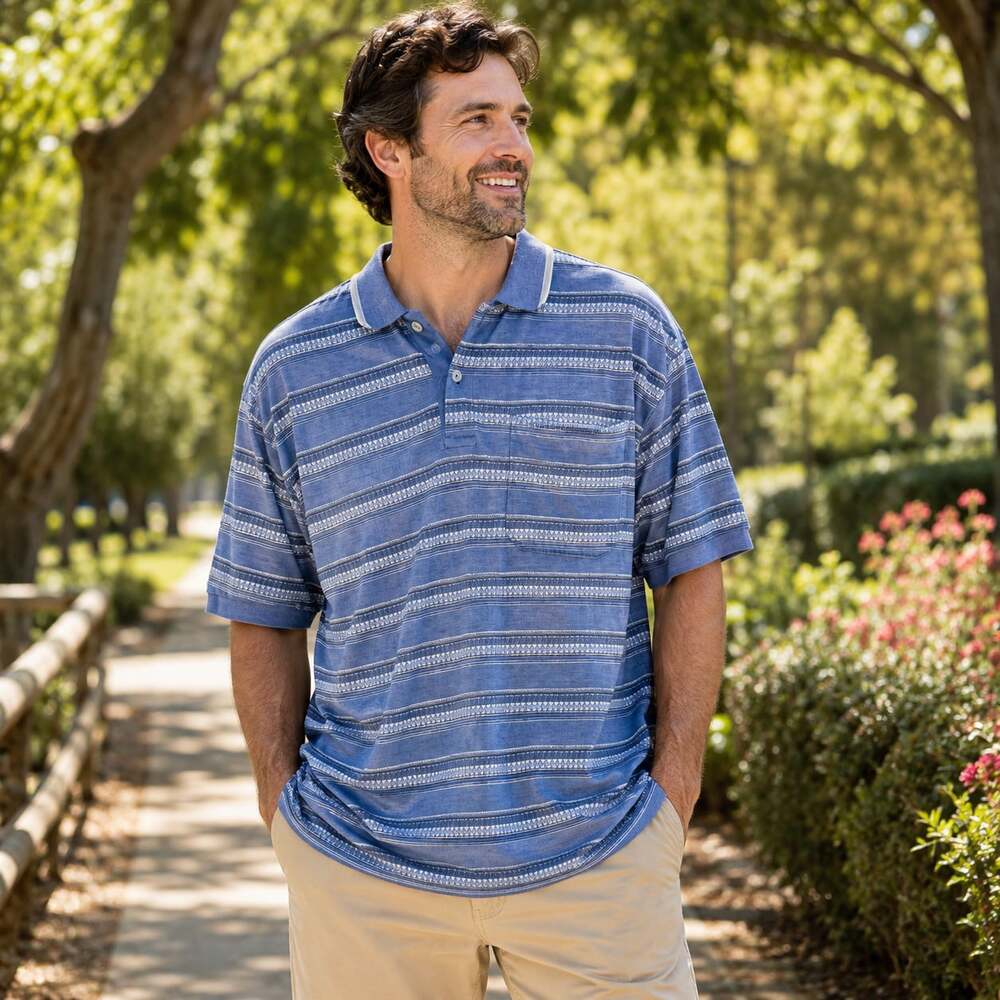 Vintage Par Four Blue Aztec Stripe Polo Shirt Golf Casual Short Sleeve